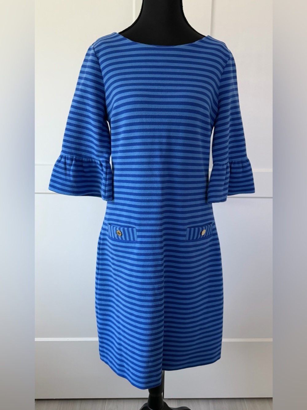 Lilly Pulitzer Alden Blue Grotto Ottoman Striped Bell Sleeve Shift Dress, Medium